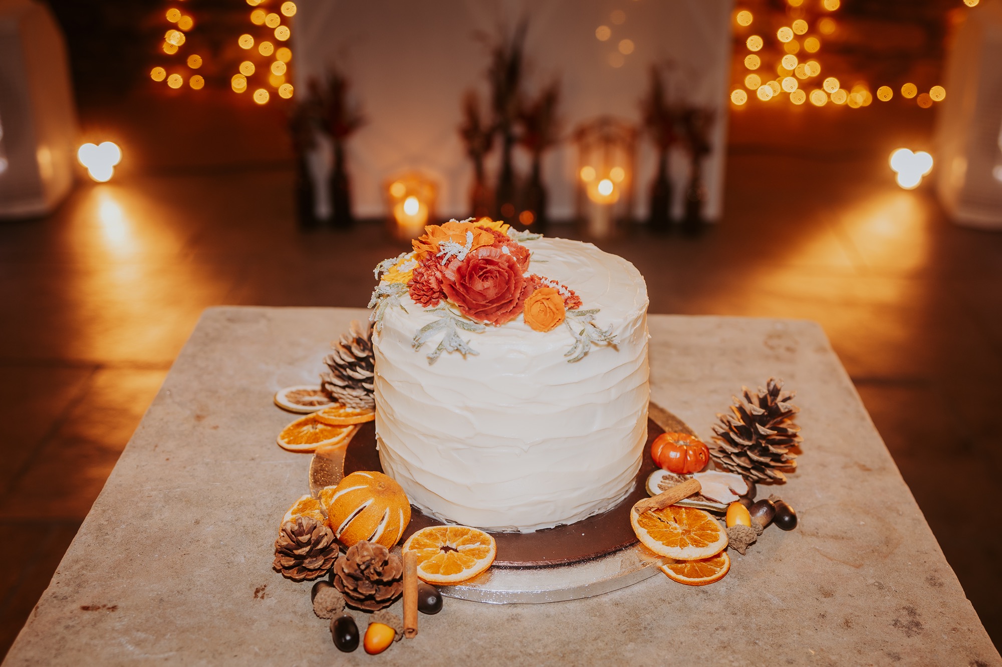 Rustic wedding cake in the Lancrigg barn ahed of the evening celebrations