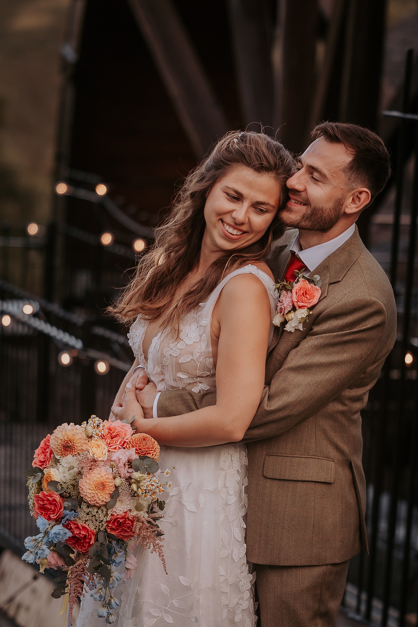 Bride and Groom alongside Coniston Coppermines working water wheel in the Coppermines valley