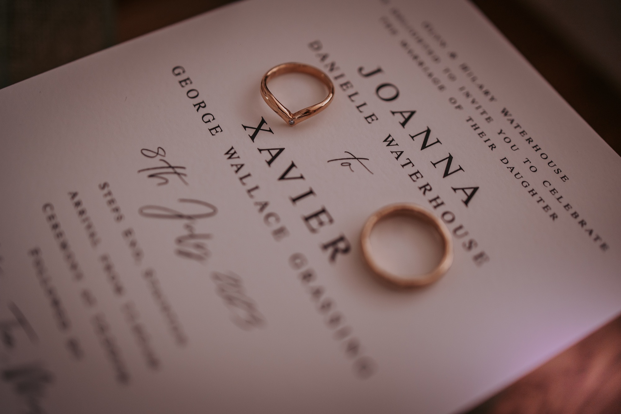 Bride and groom's wedding rings lay upon beautiful wedding stationary