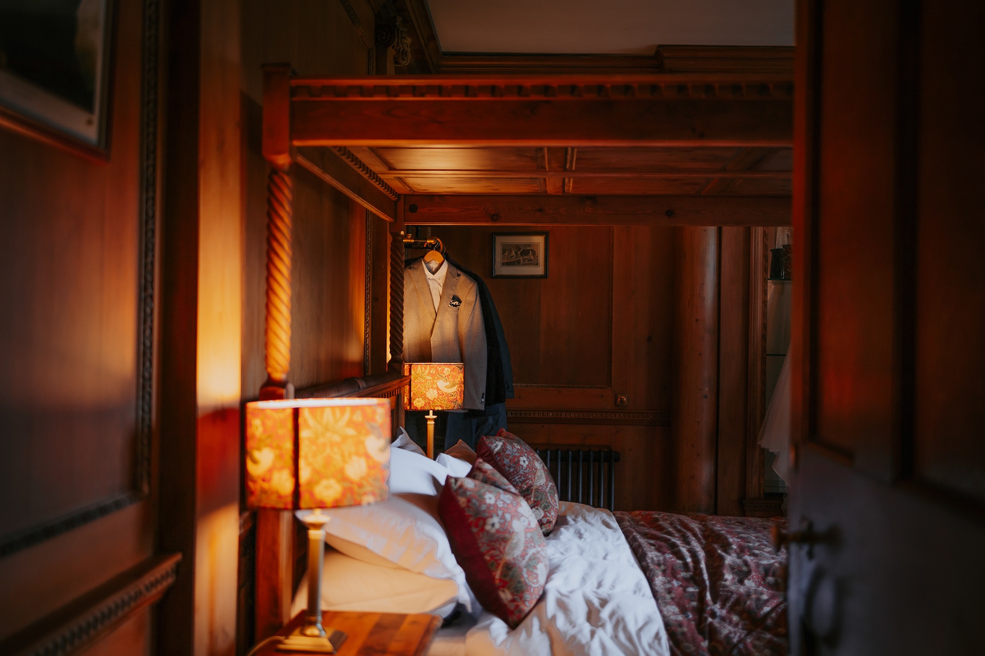 Grooms suit hung in Holesfoot bridal suite