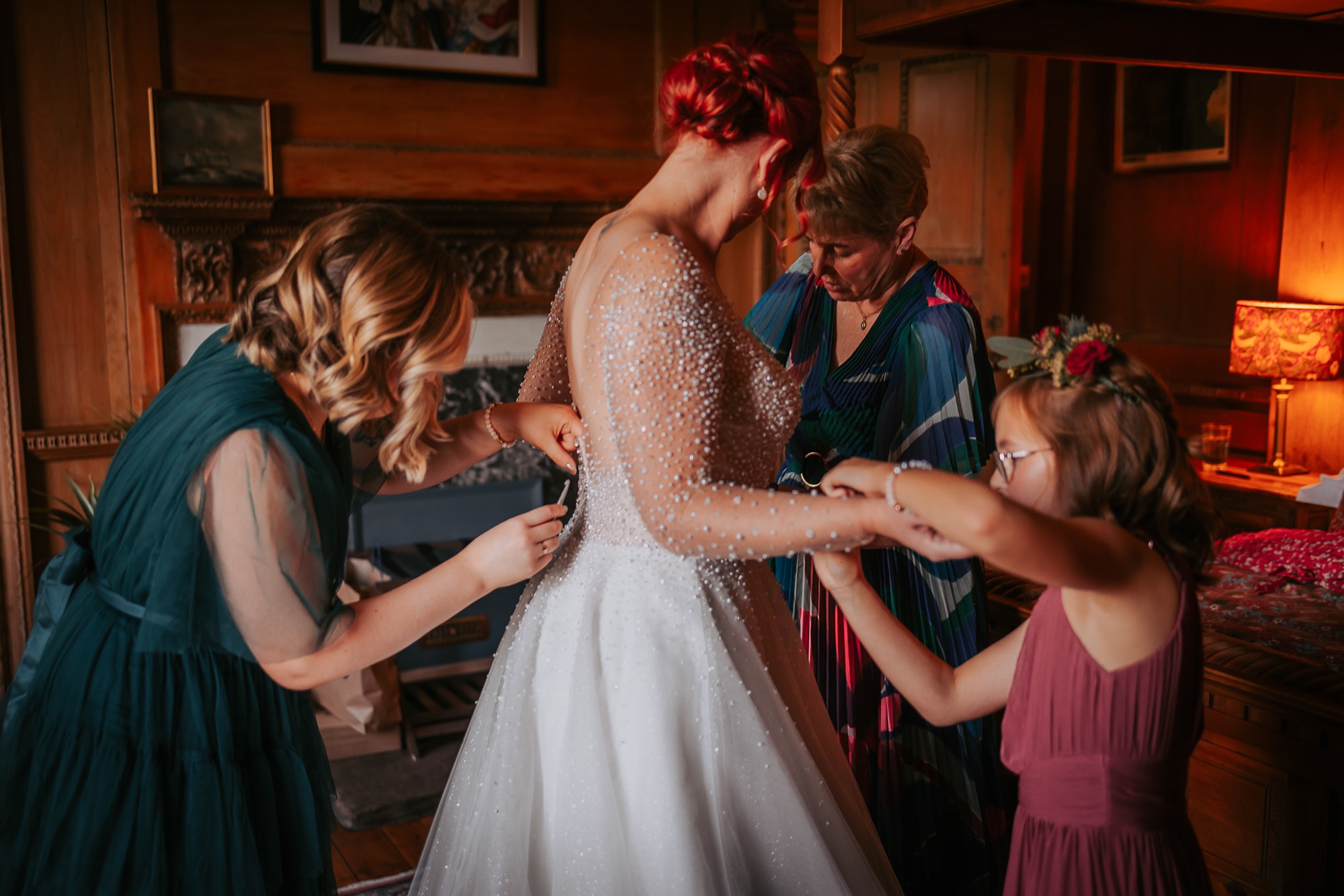 Bridal party support bride as she gets ready for her wedding ceremony