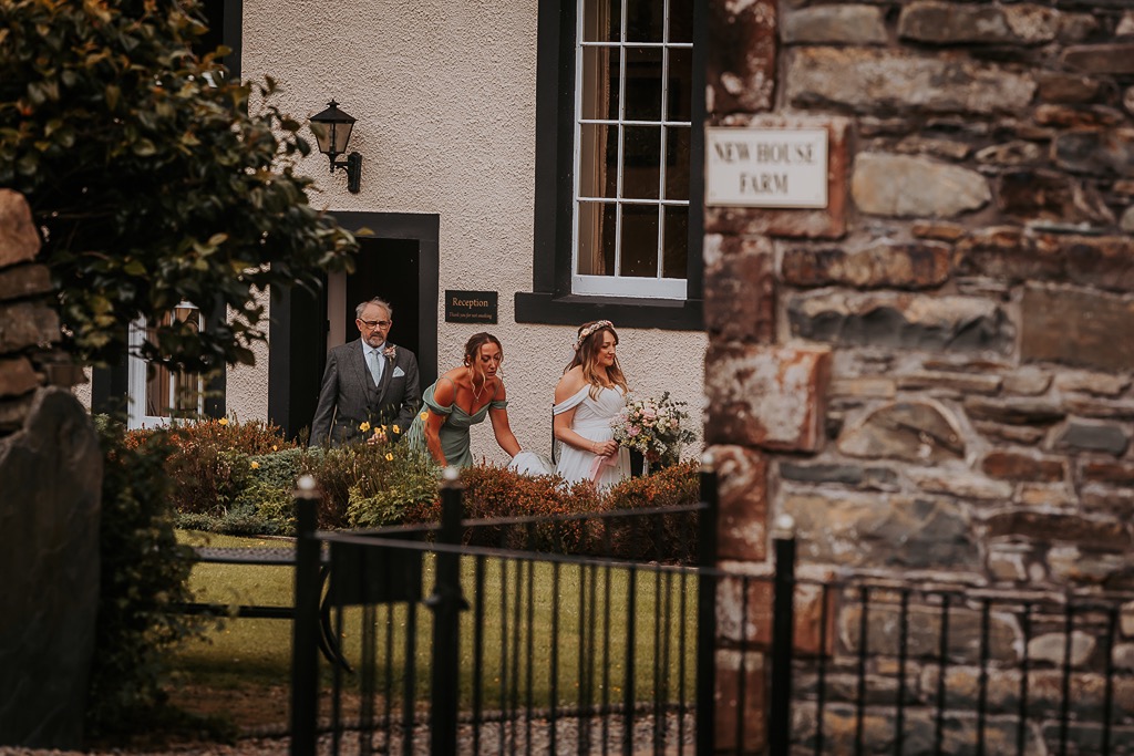 bride leaving house to walk to New House Farm, wedding ceremony