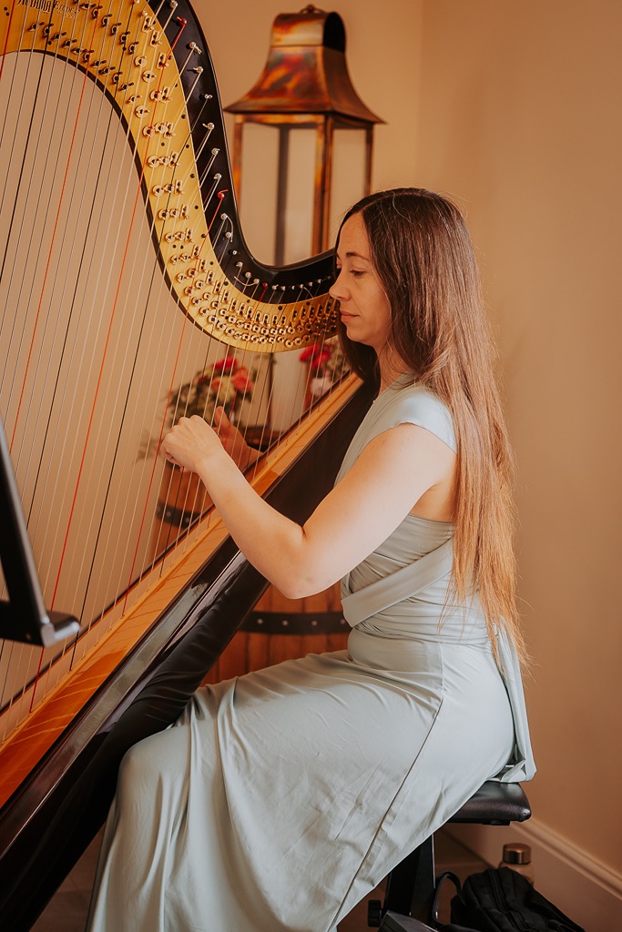 harpist plays for bride waling down the Aisle at New House Farm, Lake District