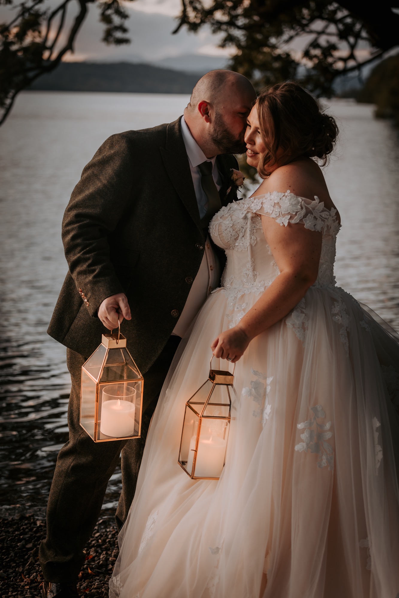 Harry Potter themed wedding day portrait on the shores of Lake Windermere, Lake District