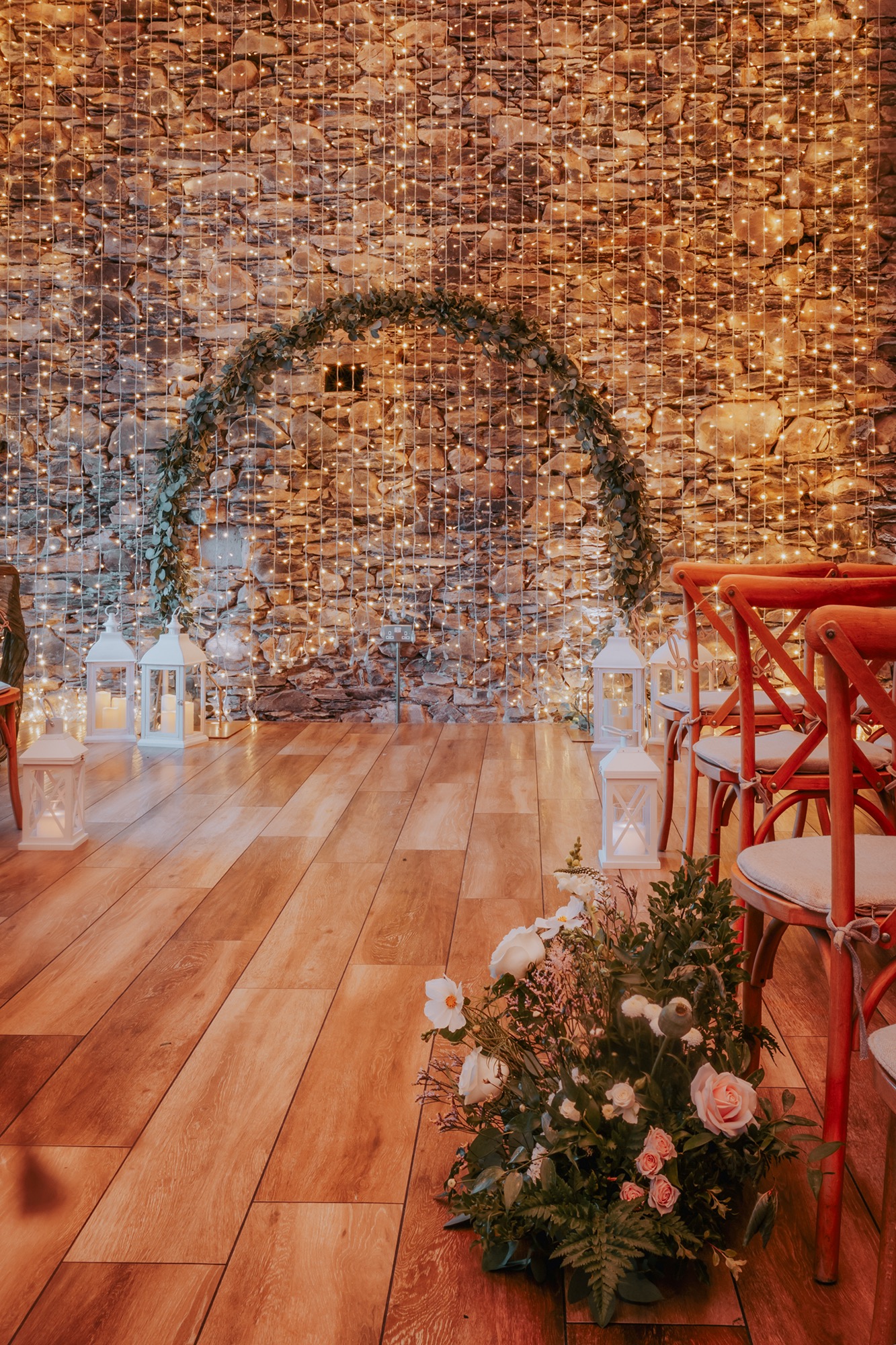 Rustic barn, all set up with flowers and lantern for wedding, Town Head Estate