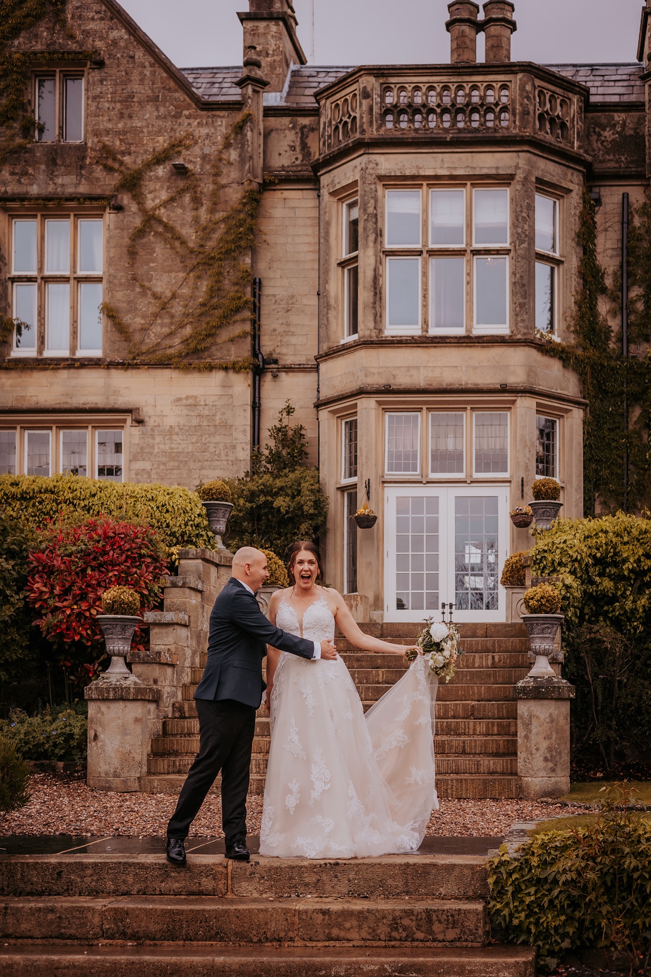 Couple being silly during wedding portraits, Falcon Manor, North Yorkshire