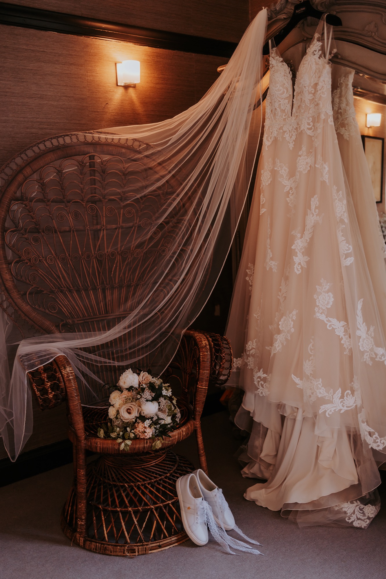Wedding dress hung on wardrobe at Falcon Manor ahead of bride getting married 