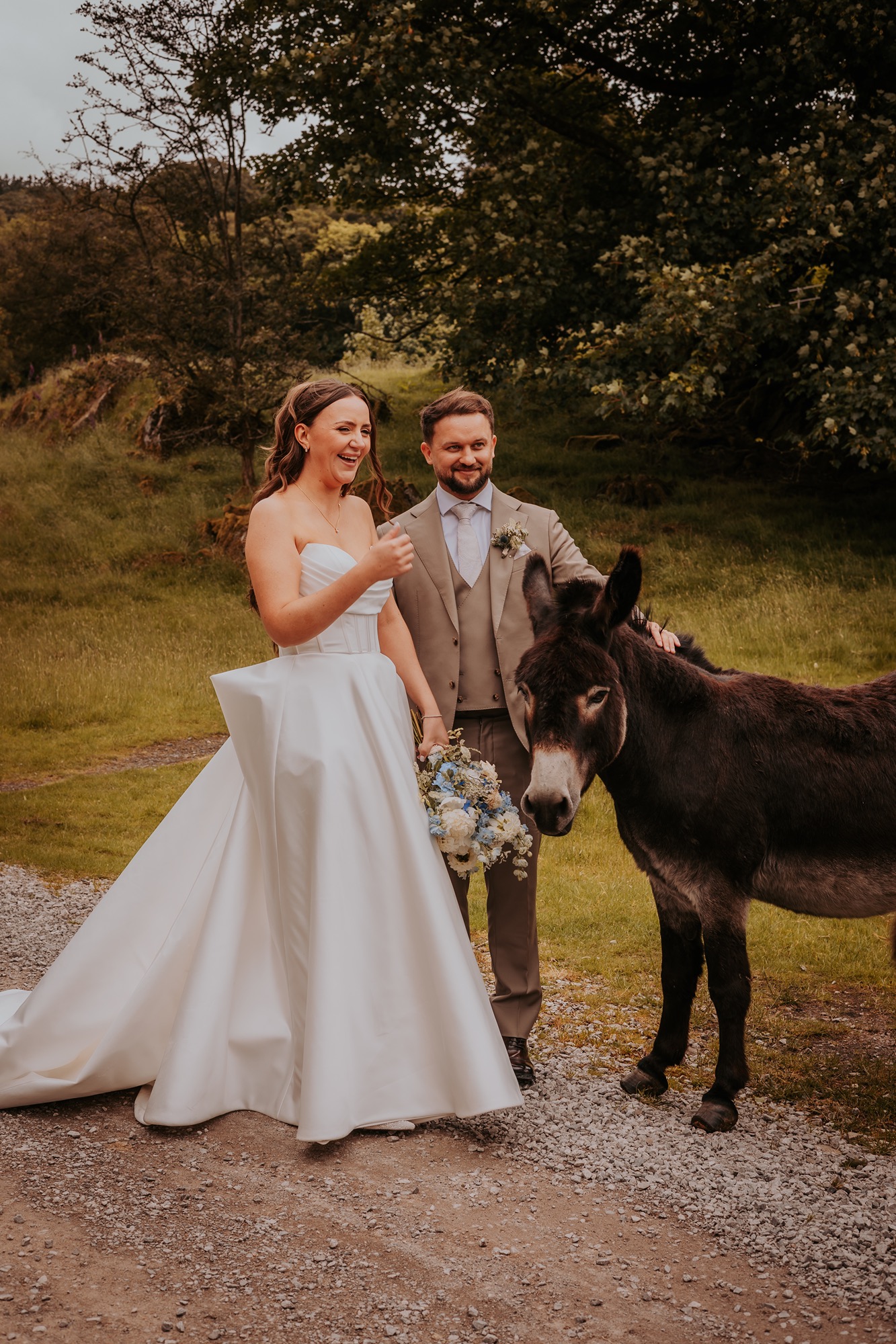 Wedding couple with donkey at Town Head Estate