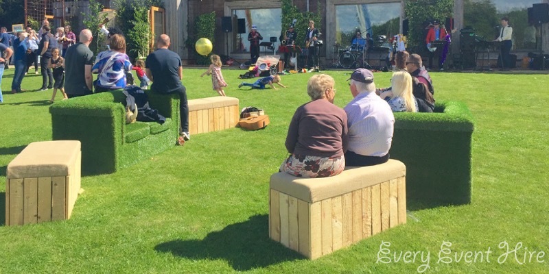Our Grass Sofas and Rustic Benches at Elmore Court