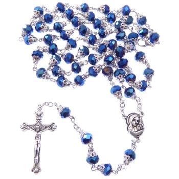 Dark blue petrol effect iridescent faceted glass rosary beads filigree caps