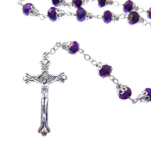 Dark purple petrol effect iridescent faceted glass rosary beads filigree ca