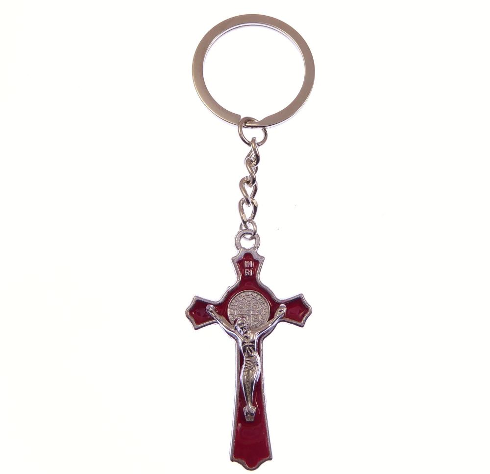 Red St. Benedict 8cm keyring silver metal with 10cm total length