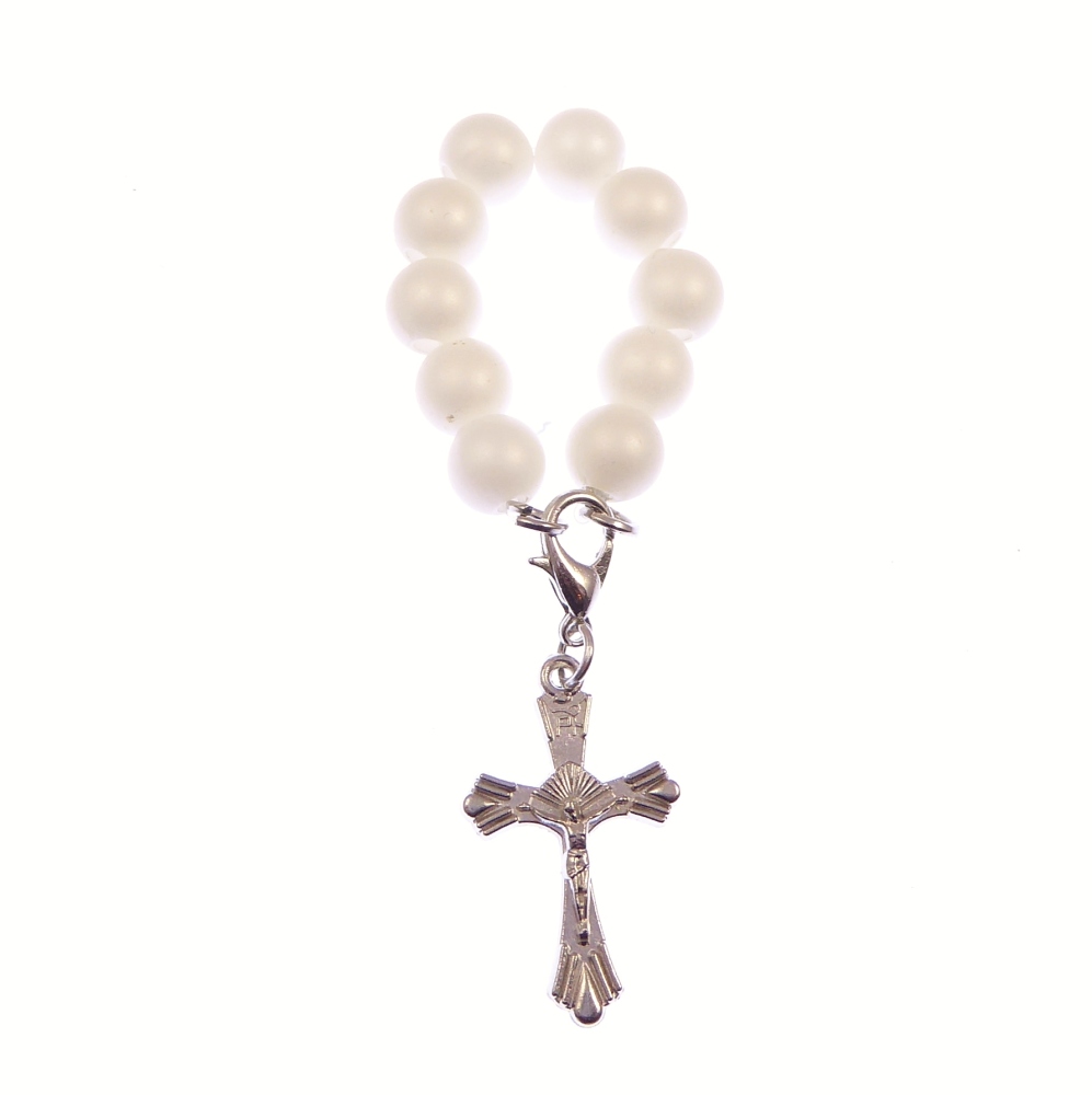 Pearly white 10 bead 1 decade rosary ring with cross and clasp Catholic