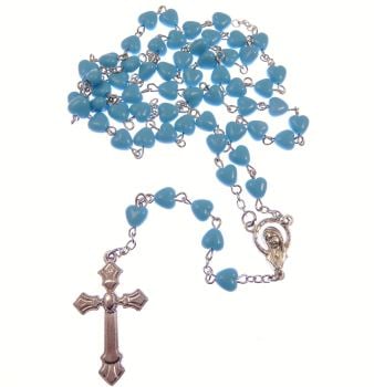 Catholic blue glass heart rosary beads on silver chain 5 decade 51cm length