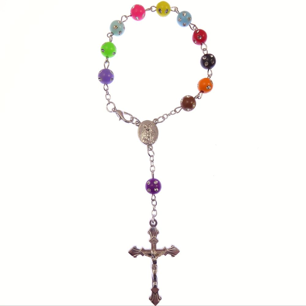 Catholic rainbow one decade pocket rosary beads + clasp Our Lady of Sorrows