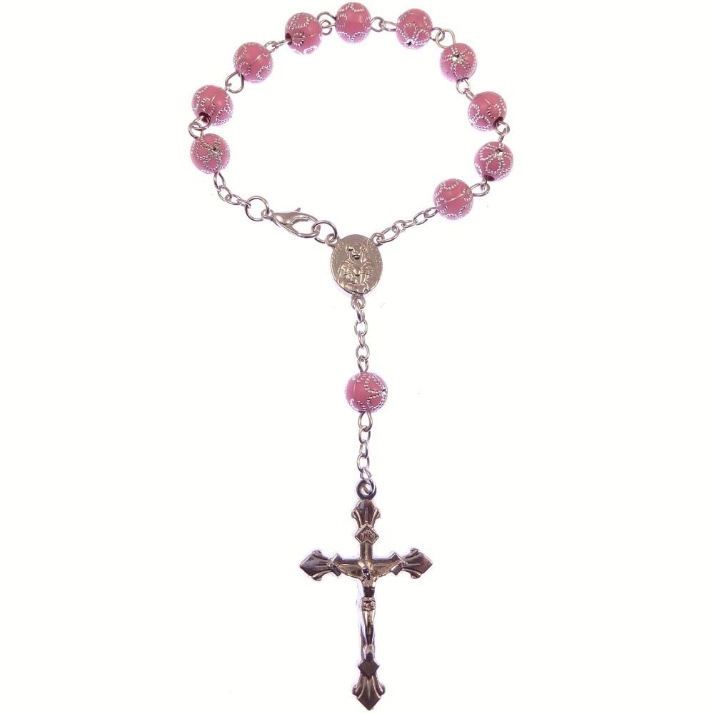 Catholic pink flower one decade pocket rosary beads + clasp Our Lady of Dol