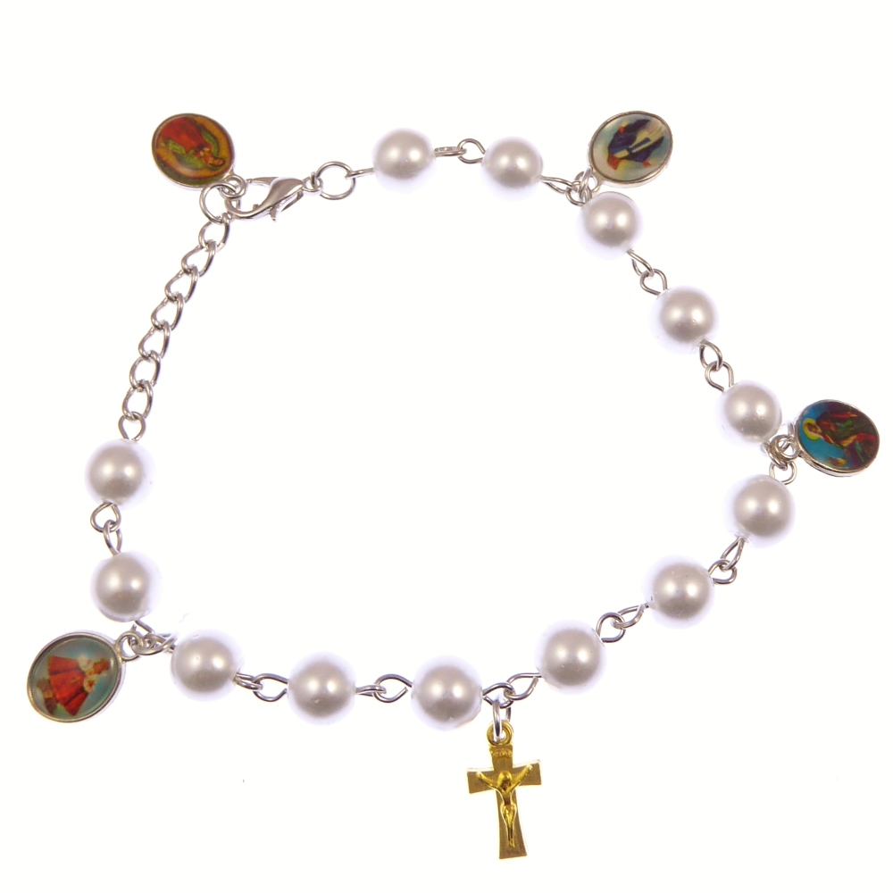 Catholic white pearly mixed Saints and crucifix bracelet + clasp Miraculous