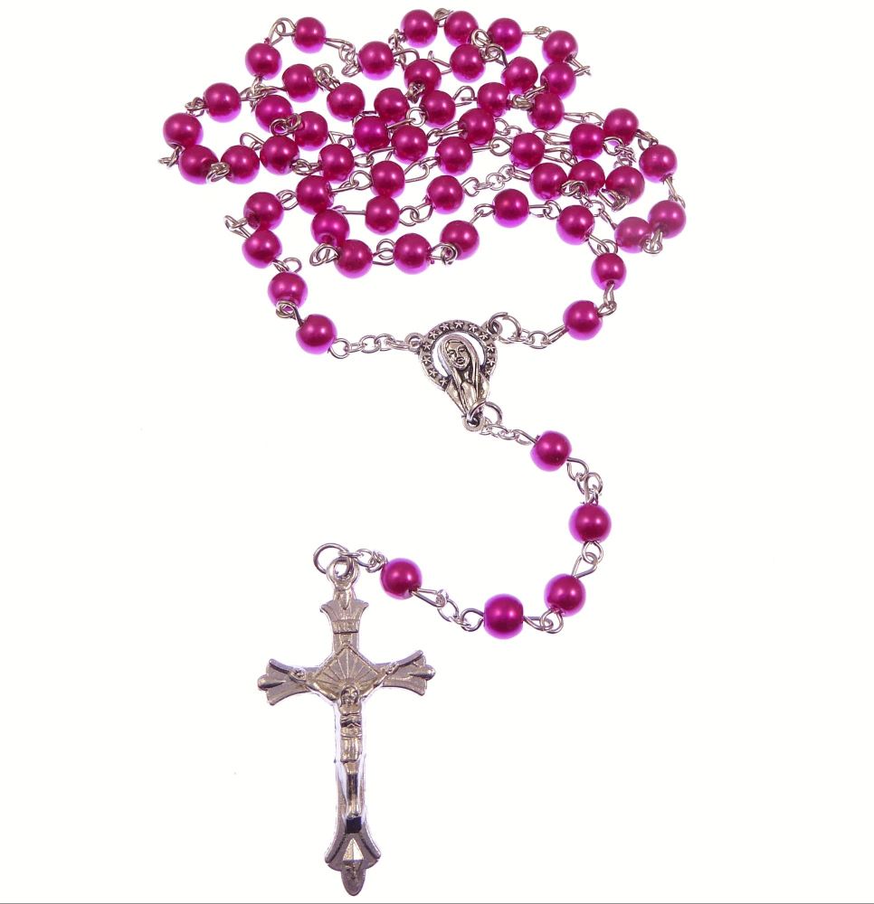 Catholic dark pink glass rosary beads on silver chain 5 decade 49cm length 