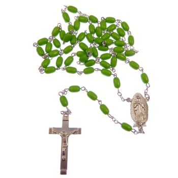 Catholic long Our Lady of Guadalupe green rosary beads silver chain 58cm length