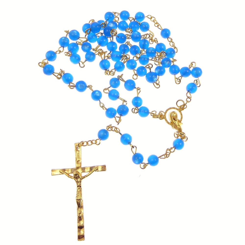 Catholic Twin Hearts Our Lady blue plastic rosary beads gold chain 51cm len
