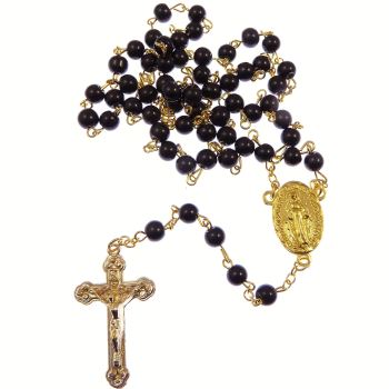 Catholic Miraculous black round glass rosary beads gold chain 51cm length
