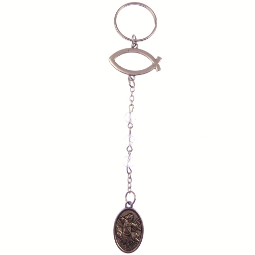 Silver metal St. Michael and Guardian angel ichthus Jesus fish keyring 14cm
