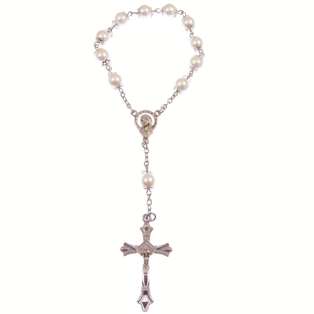 Pearly white 1 decade pocket rosary beads decenary + decorative caps