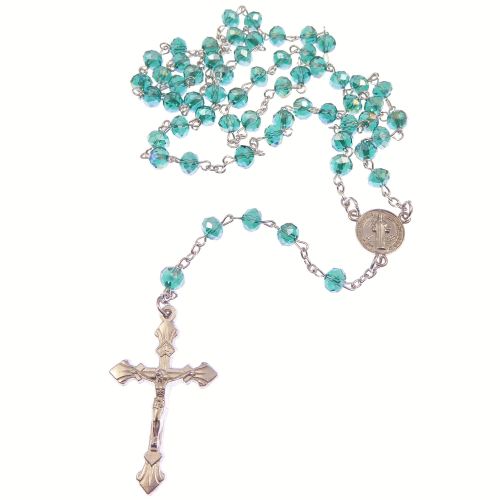 Dark green iridescent faceted glass rosary beads silver chain St. Benedict