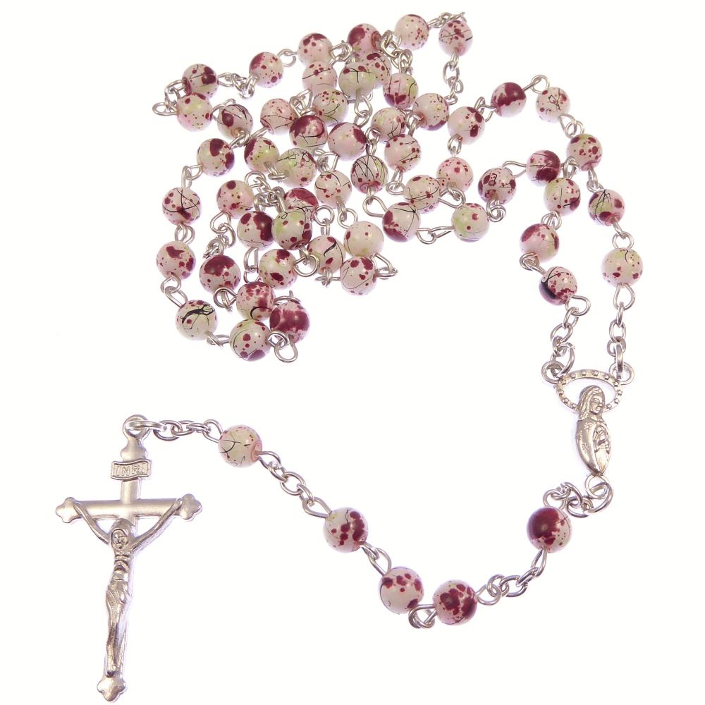 White & red marble round glass rosary beads on silver chain 51cm length