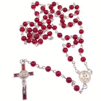 Round red St. Benedict cross rosary beads silver chain 50cm length Catholic