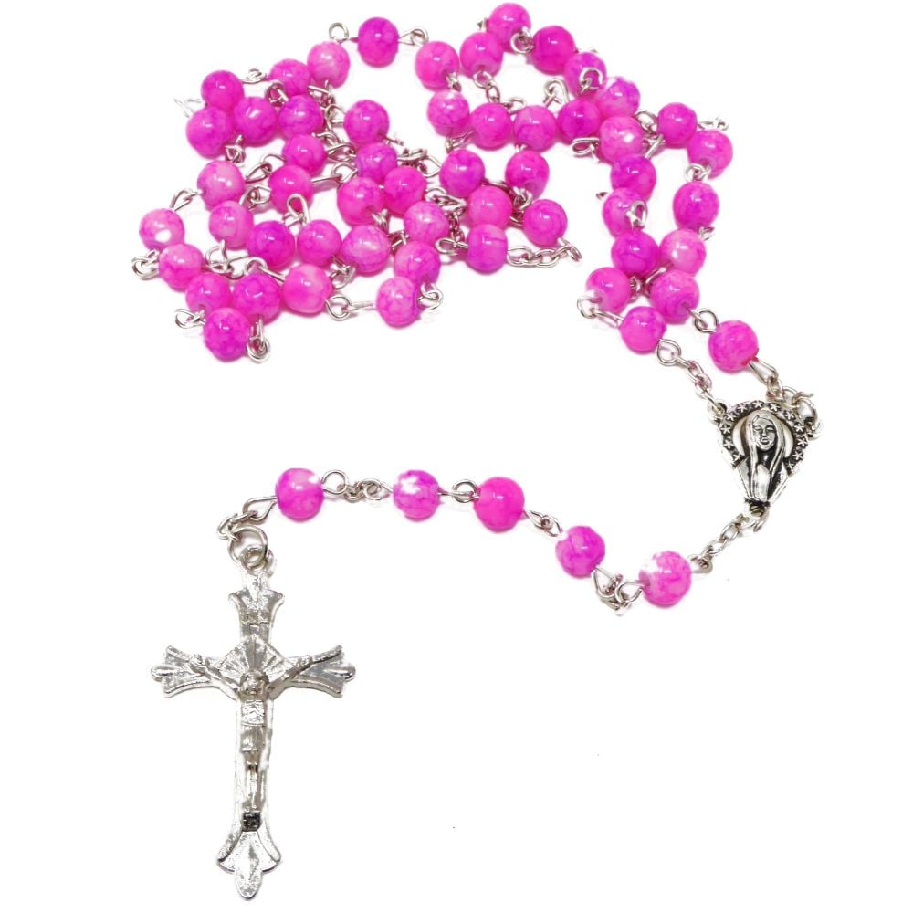 Pink & white marble glass rosary beads on silver chain 50cm length