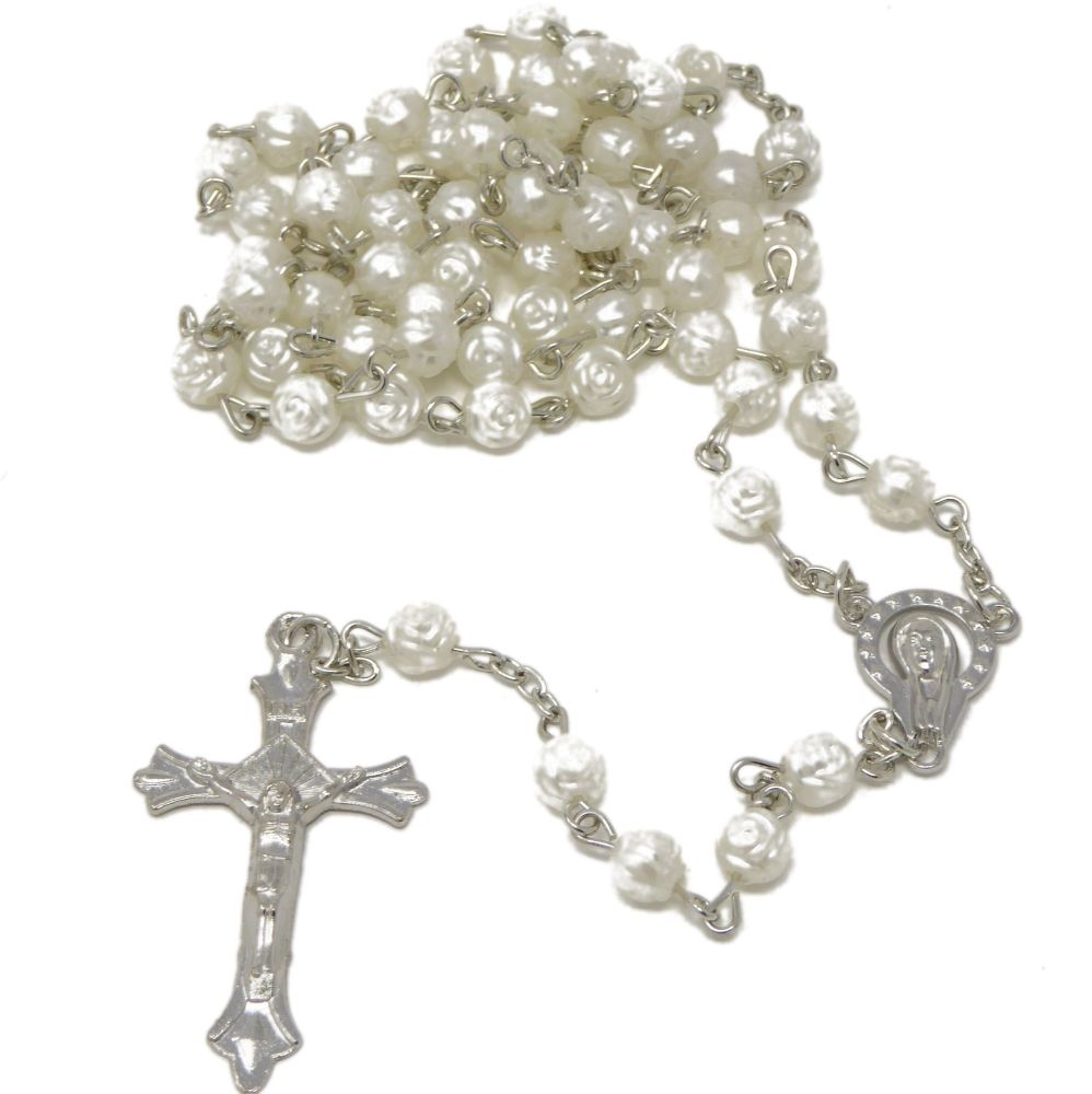 White rose flower rosary beads 52cm Catholic prayer beads Our Lady junction