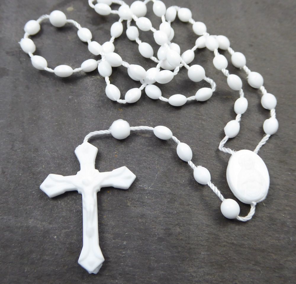 White plastic basic oval rosary beads 42cm length