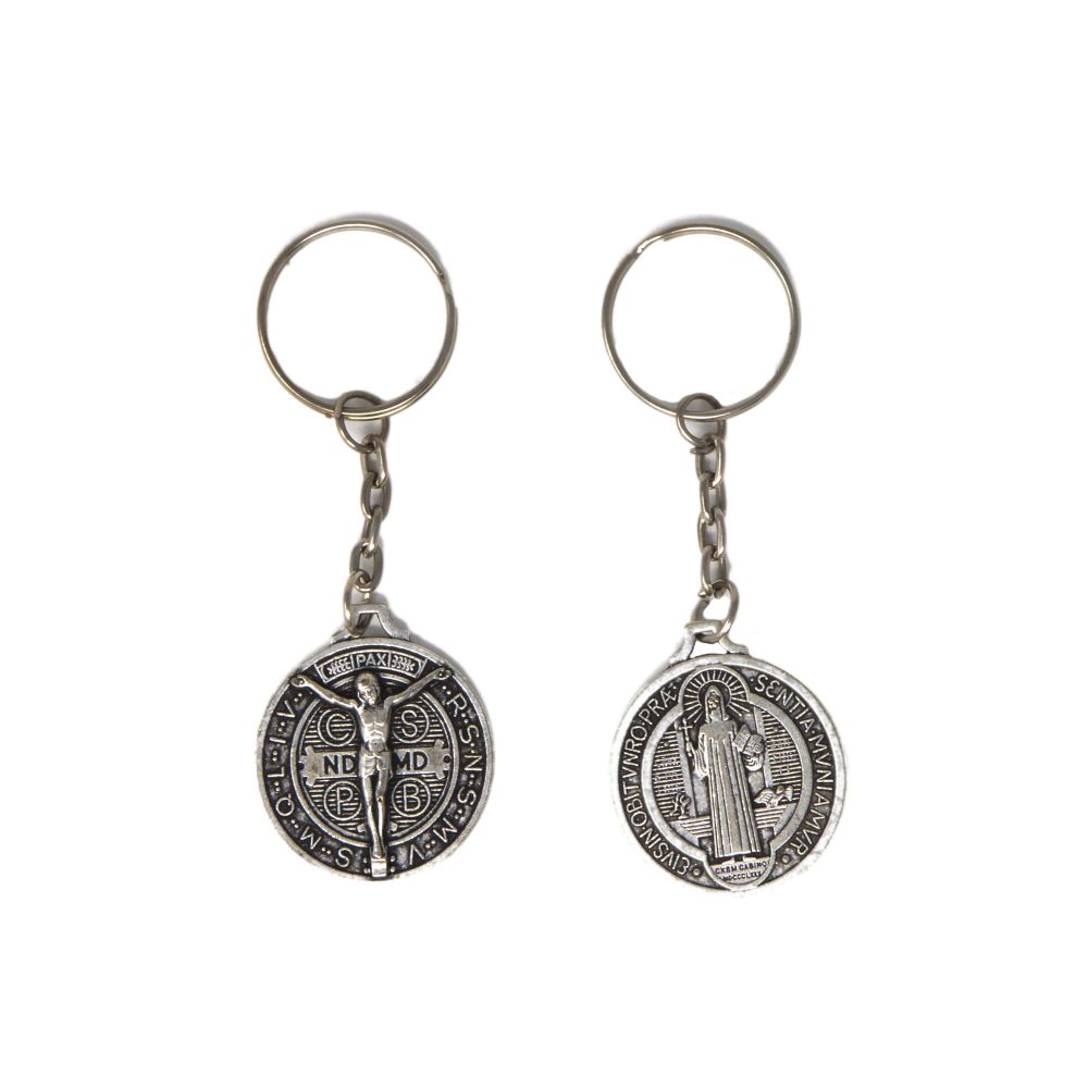 Silver metal Saint Benedict medal raised Jesus keyring 9cm 