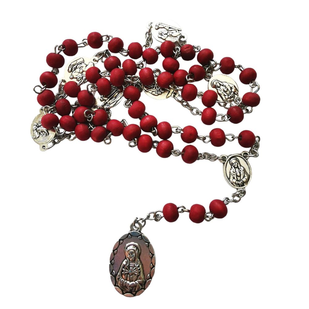 Seven sorrows rosary beads red wood sorrowful mother Catholic prayer