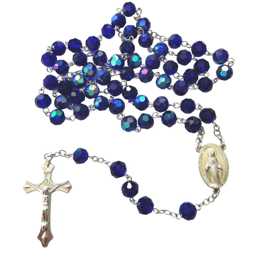 Dark blue glass rosary beads faceted iridescent sheen Miraculous junction s