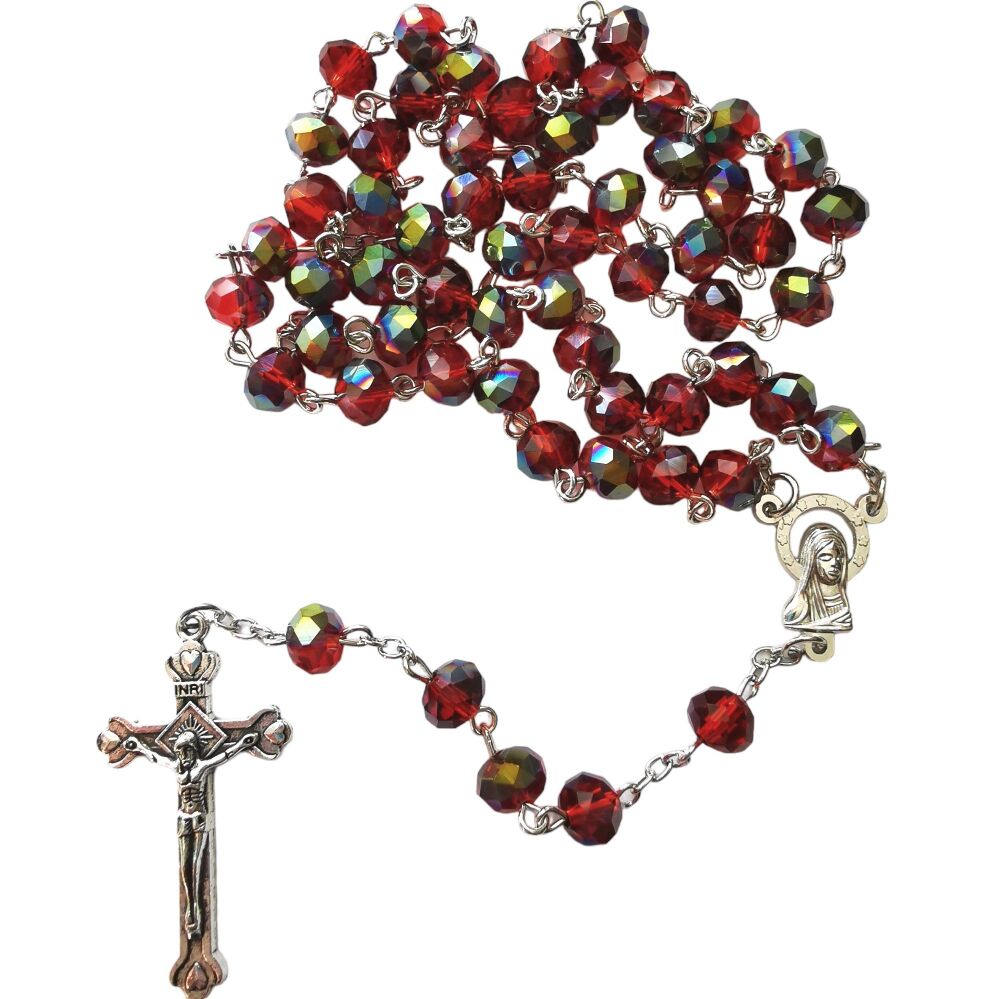 Dark red glass rosary beads faceted iridescent sheen Catholic silver