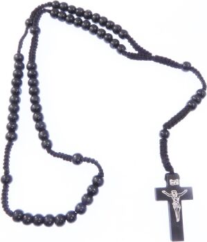 Wood wooden jet black long cord rosary beads necklace 61cm