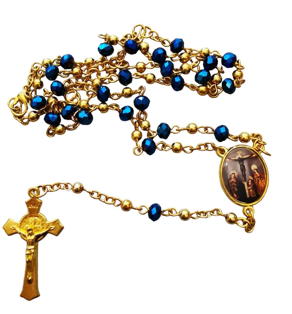 Blue glass Saints rosary beads on gold chain with clasp Mercy Miraculous