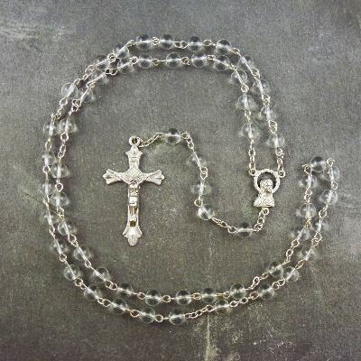 Clear round glass rosary beads silver center 50cm length