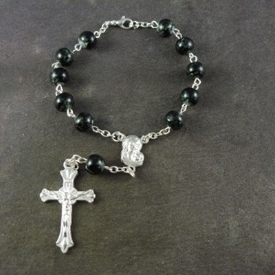 Black painted rosary bracelet with clasp 8mm beads and silver chain