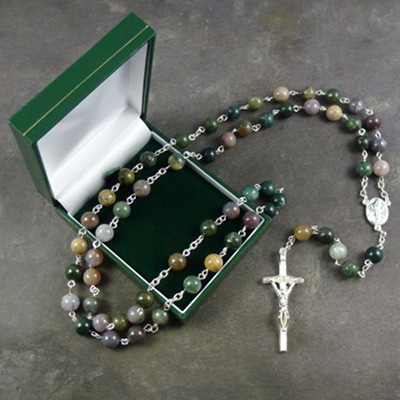 Green shades semi precious stone rosary beads 58cm length boxed