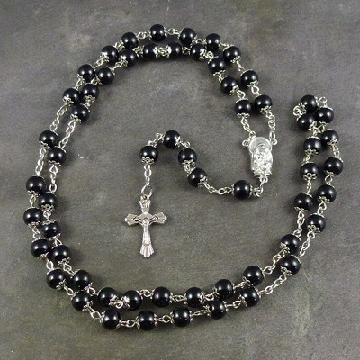 Large black metal effect rosary with filigree covered paters