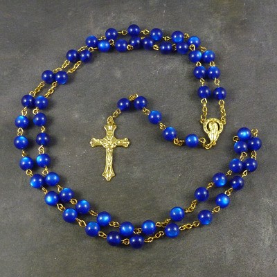 Dark blue resin round rosary beads 56cm length gold chain