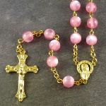 Pink resin round rosary beads 56cm length gold chain