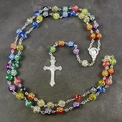 Rainbow rose flower resin rosary beads 56cm length