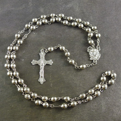 Silver colour metal 44cm length rose center rosary beads