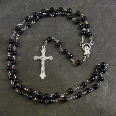 Black round glass rosary with silver center 50cm length