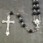 Black plastic round 6mm rosary beads silver center 48cm length