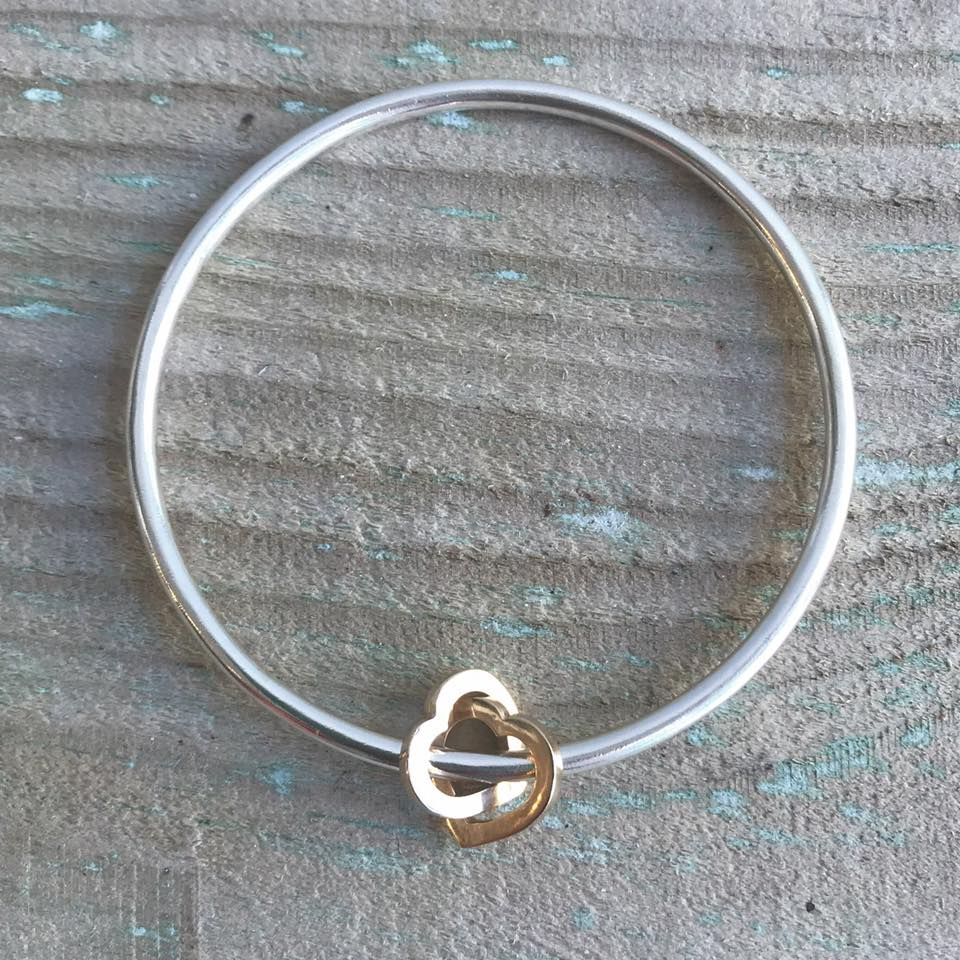 Sterling Silver Bangle with Intertwined 9ct Yellow Gold Hearts